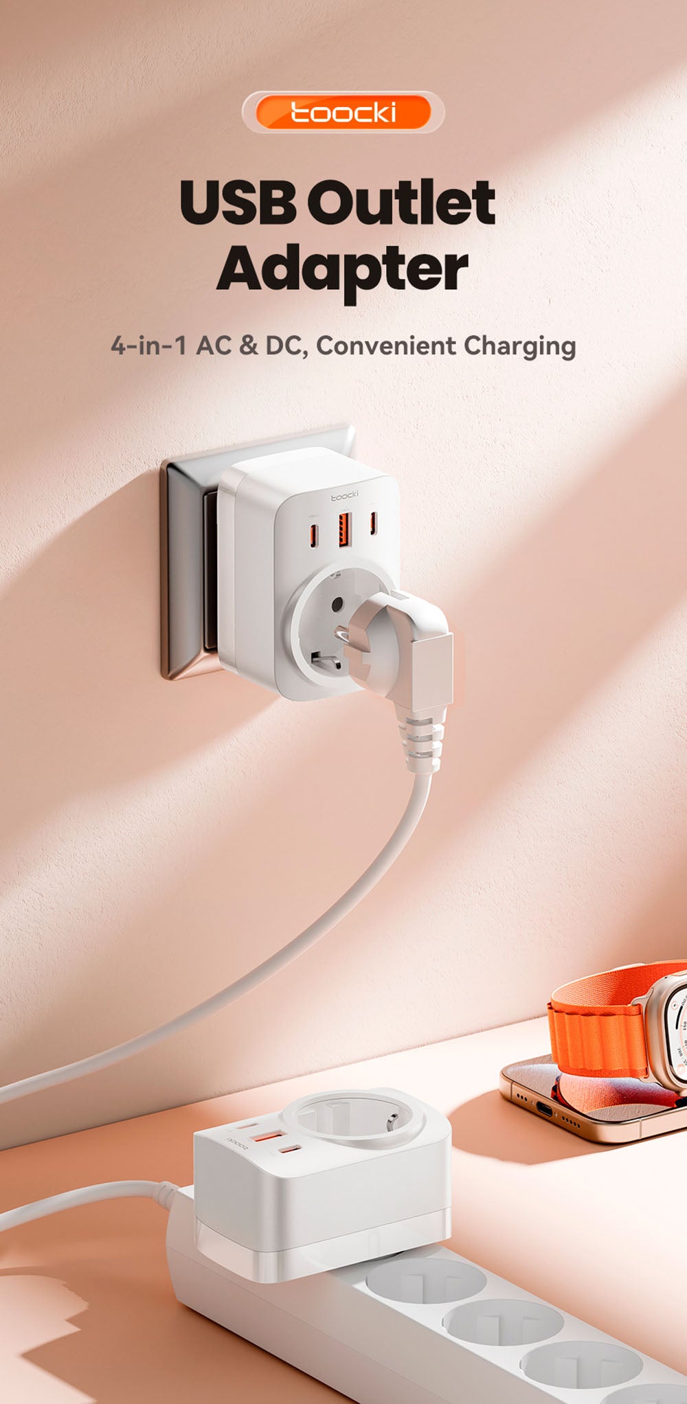 Toocki TCT30-X0Z8 PD30W Rozširovač zásuvky, trojportové rýchlonabíjanie, 3680W AC zásuvka, GaN technológia, čierna