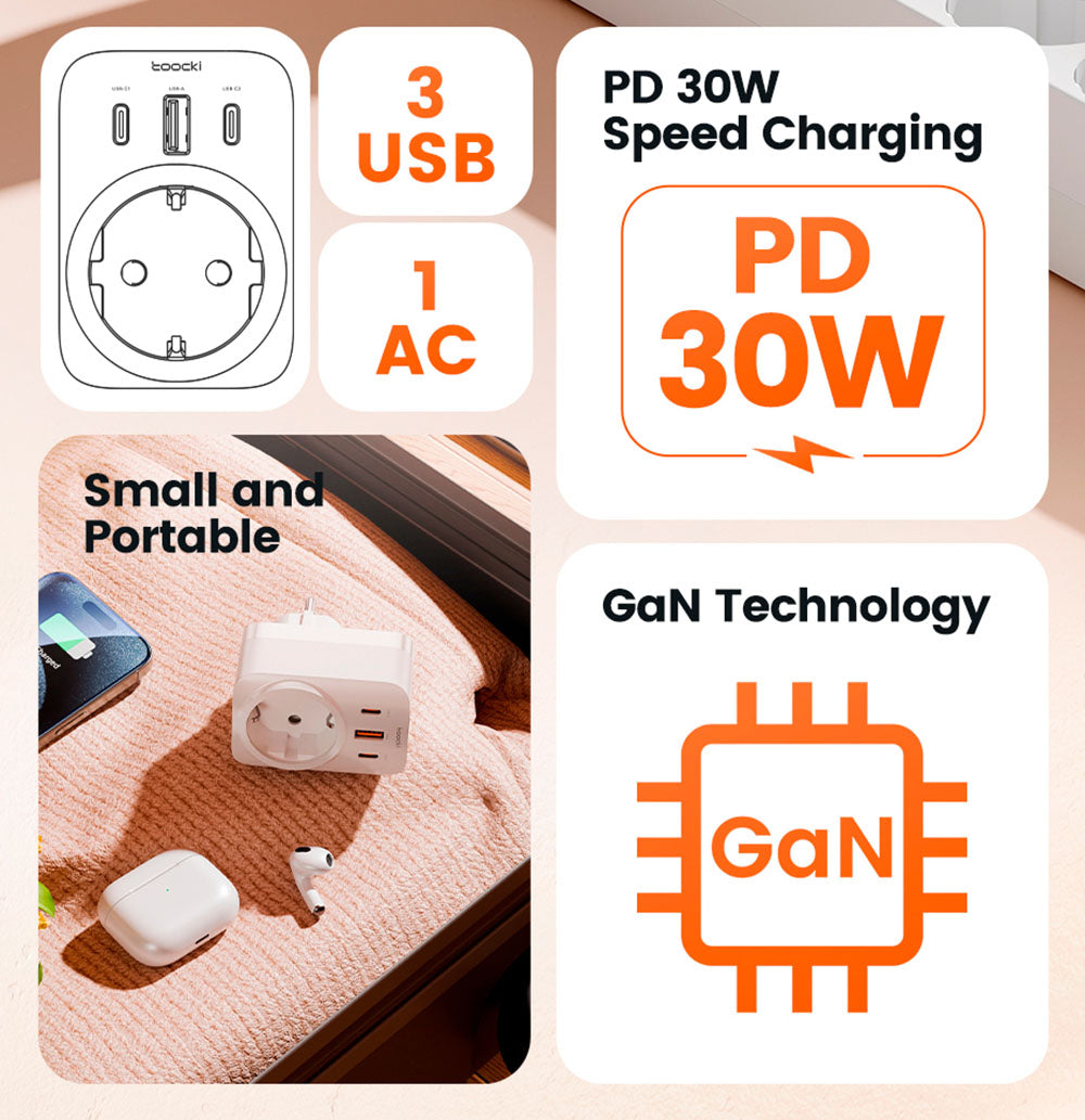 Toocki TCT30-X0Z8 PD30W Rozširovač zásuvky, trojportové rýchlonabíjanie, 3680W AC zásuvka, GaN technológia, čierna