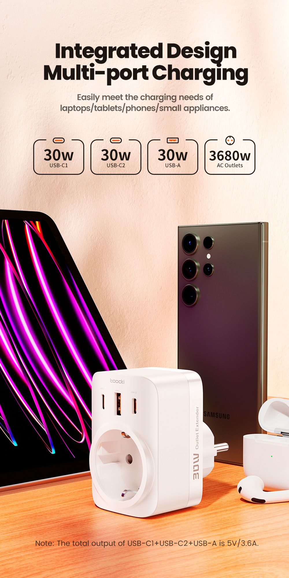 Toocki TCT30-X0Z8 PD30W Rozširovač zásuvky, trojportové rýchlonabíjanie, 3680W AC zásuvka, GaN technológia, čierna