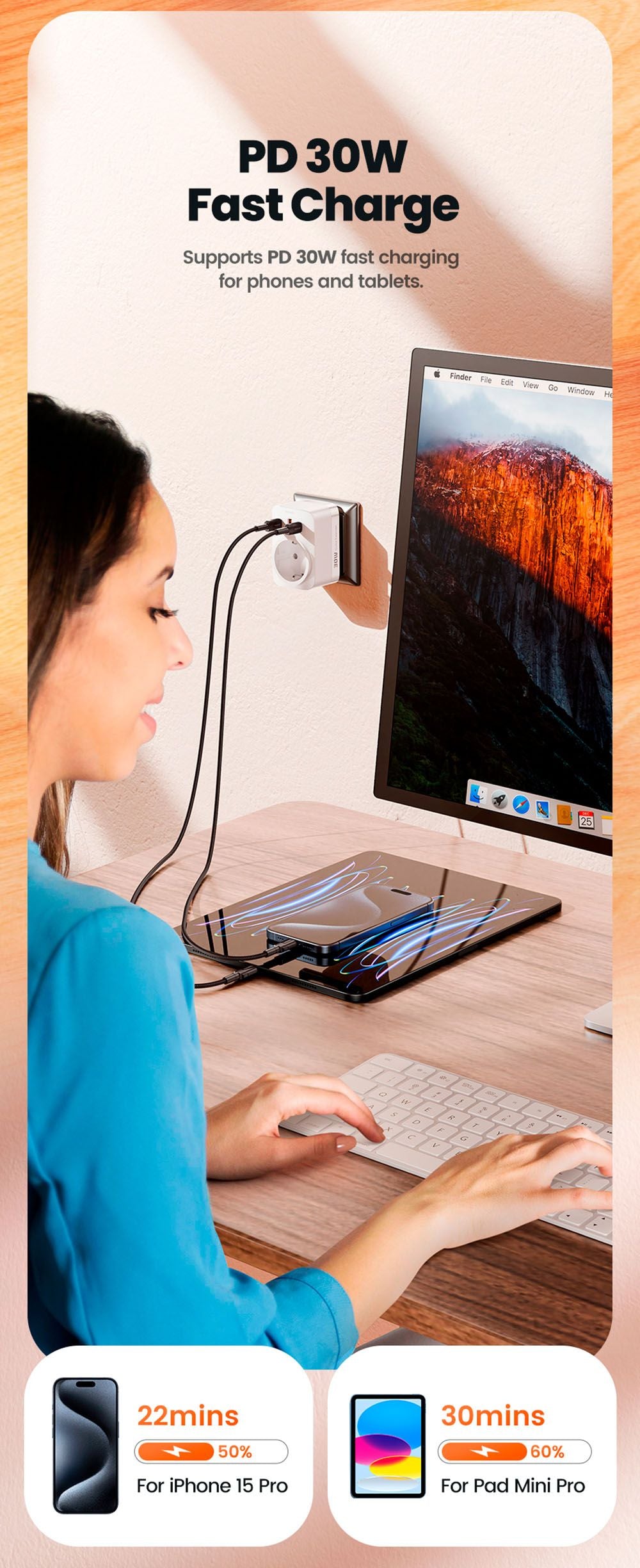 Toocki TCT30-X0Z8 PD30W Rozširovač zásuvky, trojportové rýchlonabíjanie, 3680W AC zásuvka, GaN technológia, čierna