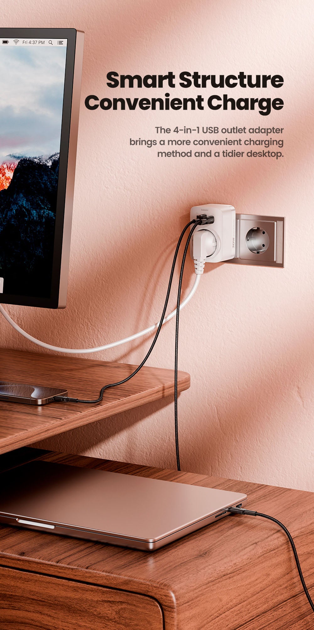 Toocki TCT30-X0Z8 PD30W Rozširovač zásuvky, trojportové rýchlonabíjanie, 3680W AC zásuvka, GaN technológia, čierna