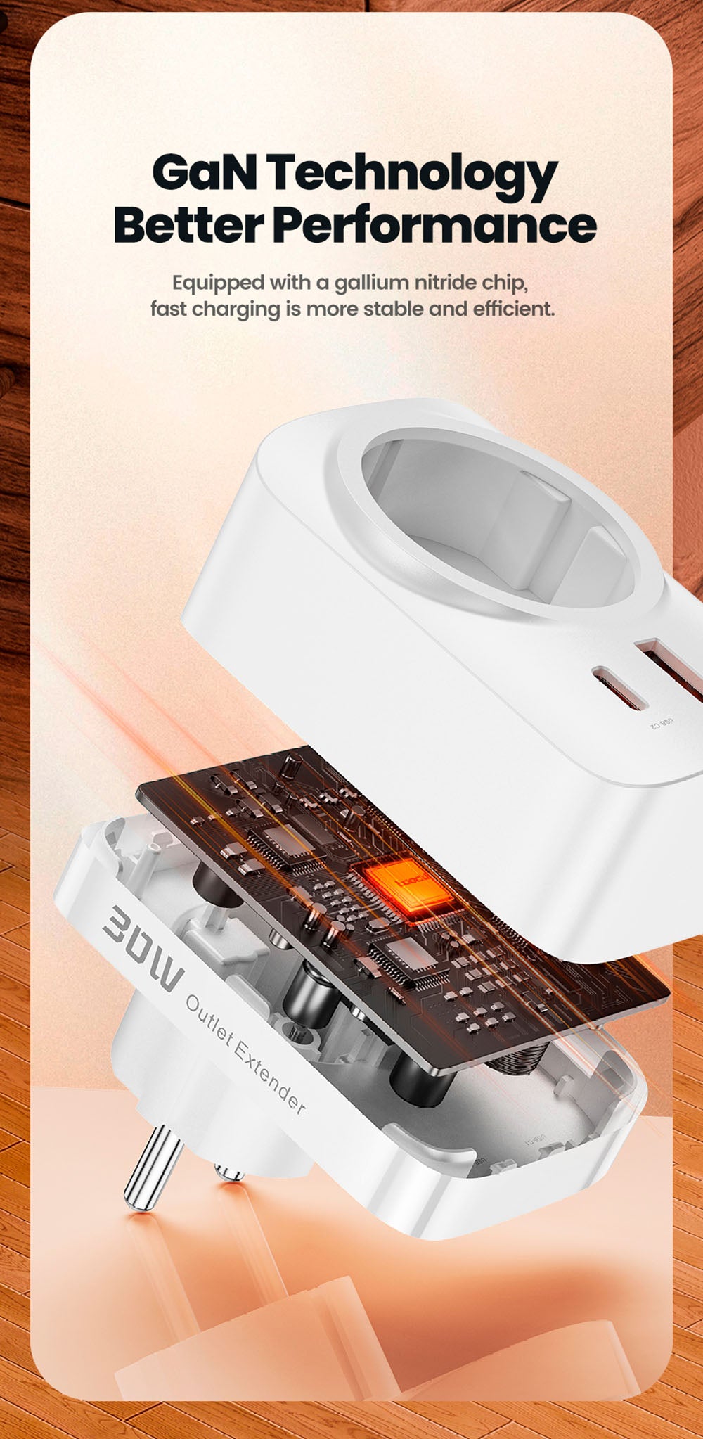 Toocki TCT30-X0Z8 PD30W Rozširovač zásuvky, trojportové rýchlonabíjanie, 3680W AC zásuvka, GaN technológia, čierna