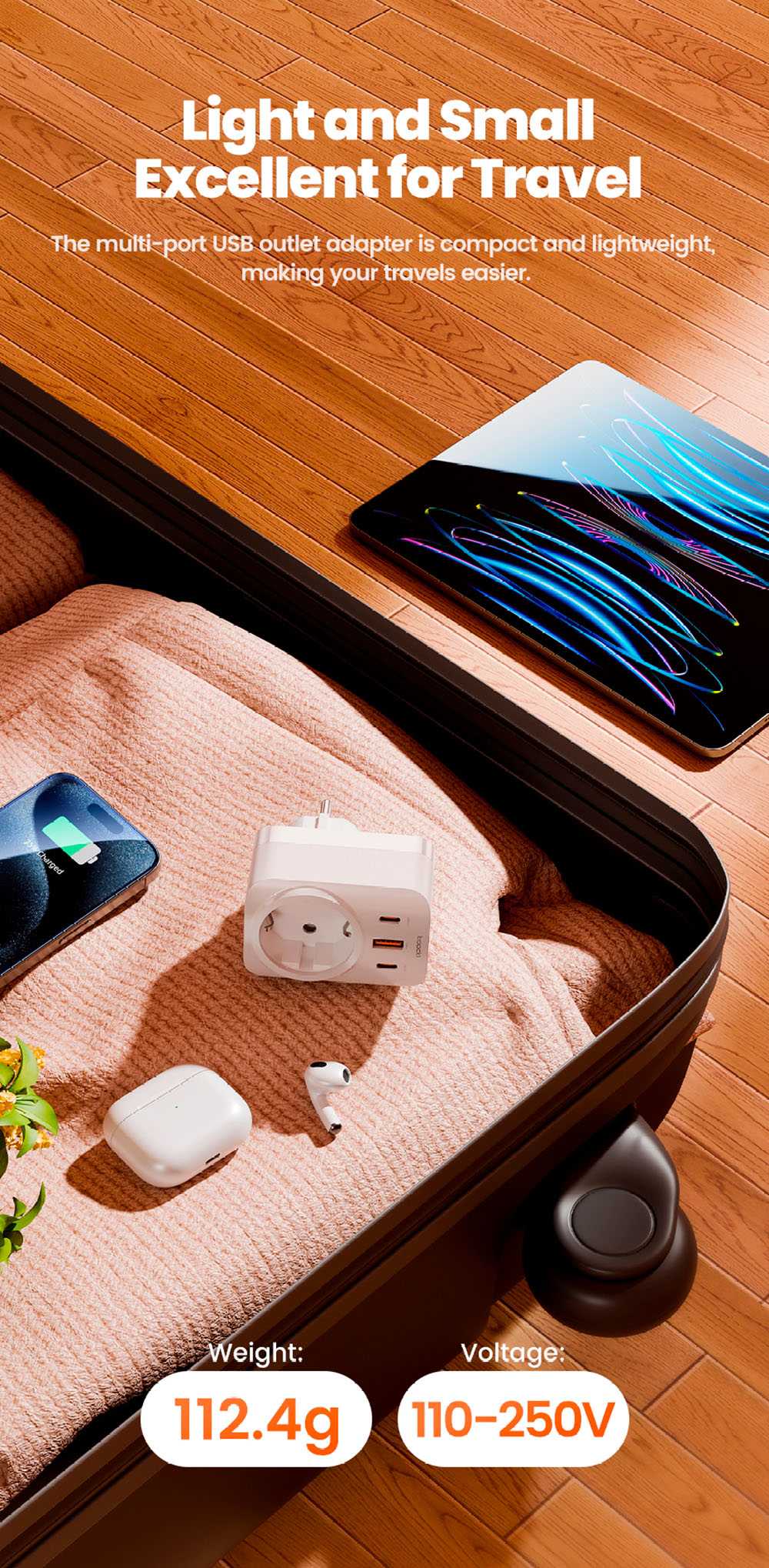 Toocki TCT30-X0Z8 PD30W Rozširovač zásuvky, trojportové rýchlonabíjanie, 3680W AC zásuvka, GaN technológia, čierna