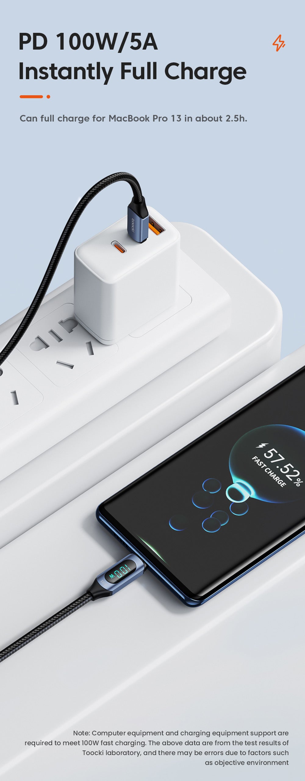 Toocki TXCTT1-XY01 PD 100W kábel pre rýchle nabíjanie, 5A, inteligentný digitálny displej, čip E-Marker, prenos dát 480 Mbps, pletený nylon, modrá - 1 m