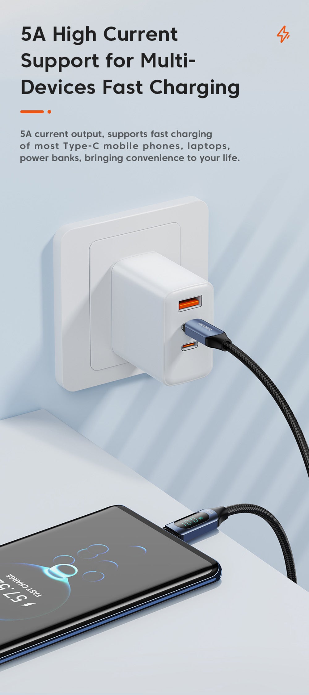 Toocki TXCTT1-XY01 PD 100W kábel pre rýchle nabíjanie, 5A, inteligentný digitálny displej, čip E-Marker, prenos dát 480 Mbps, pletený nylon, modrá - 1 m