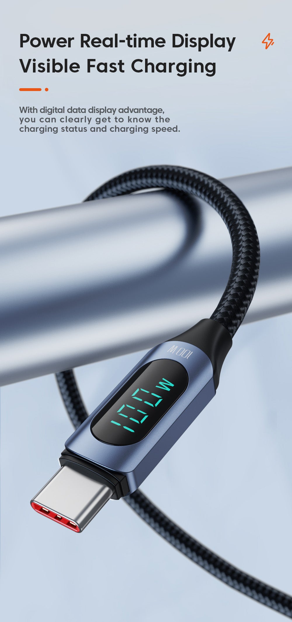 Toocki TXCTT1-XY01 PD 100W kábel pre rýchle nabíjanie, 5A, inteligentný digitálny displej, čip E-Marker, prenos dát 480 Mbps, pletený nylon, modrá - 1 m