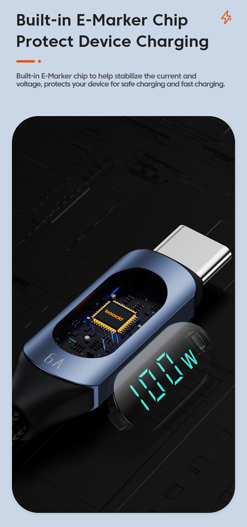 Toocki TXCTT1-XY01 PD 100W kábel pre rýchle nabíjanie, 5A, inteligentný digitálny displej, čip E-Marker, prenos dát 480 Mbps, pletený nylon, modrá - 1 m