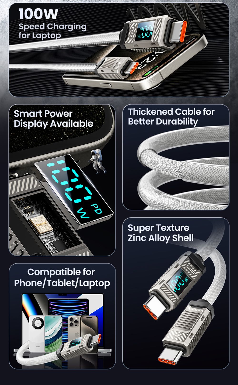 Toocki TXCTT1-ZFZA01 100W kábel na rýchle nabíjanie, LED displej, opletený zinkovou zliatinou, prenos dát 480 Mbps, biela - 1 m