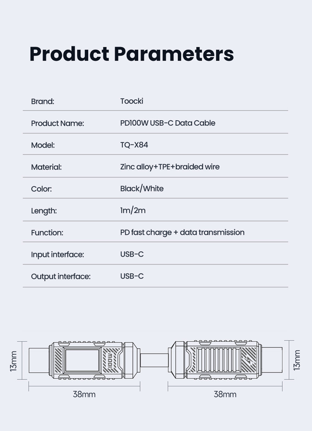 Toocki TXCTT1-ZFZA01 100W kábel na rýchle nabíjanie, LED displej, opletený zinkovou zliatinou, prenos dát 480 Mbps, biela - 1 m