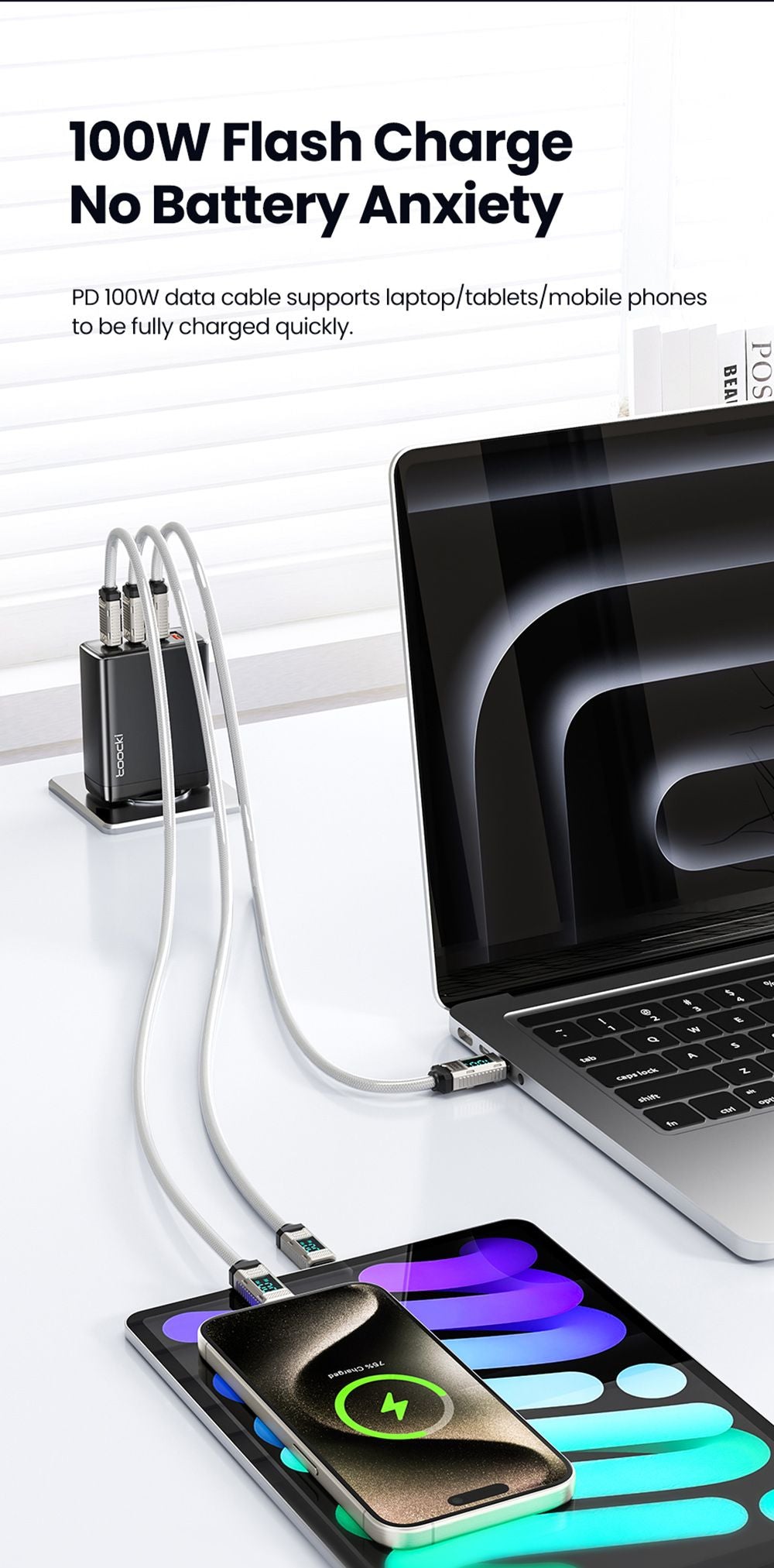 Toocki TXCTT1-ZFZA01 100W kábel na rýchle nabíjanie, LED displej, opletený zinkovou zliatinou, prenos dát 480 Mbps, biela - 1 m