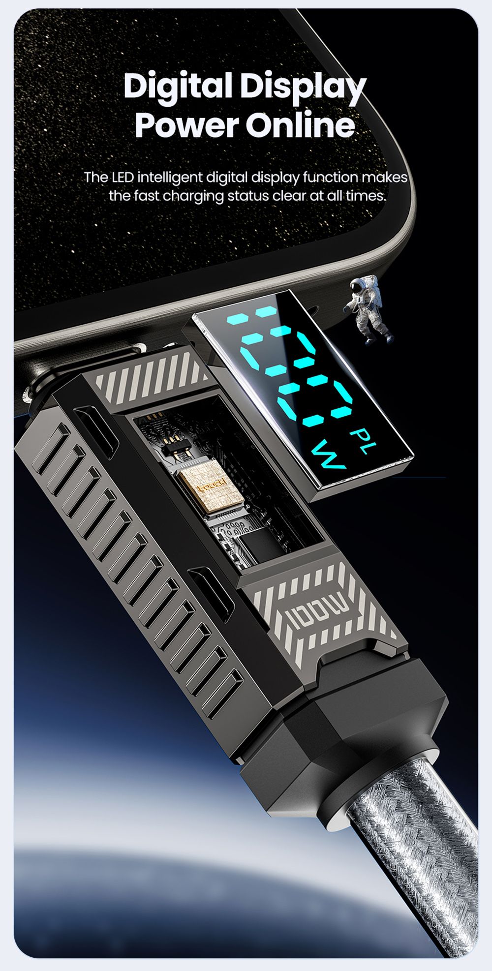 Toocki TXCTT1-ZFZA01 100W kábel na rýchle nabíjanie, LED displej, opletený zinkovou zliatinou, prenos dát 480 Mbps, biela - 1 m