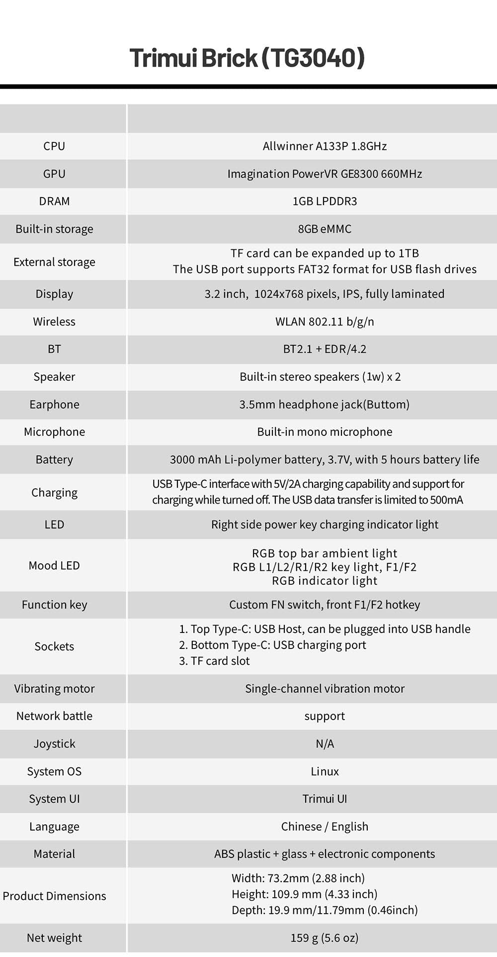 Prenosná herná konzola Trimui Brick, 256GB TF karta, 3,2-palcový IPS displej s rozlíšením 1024*768, 8GB eMMC úložisko, 5 hodín výdrže, rýchlonabíjanie cez USB-C – čierna