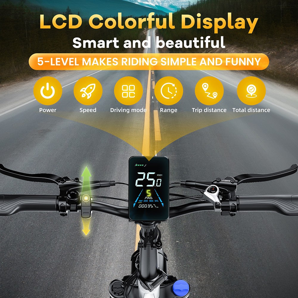 Elektrokol TTGO F6, 250W motor, 36V 25Ah batéria, 20*4 palcové pneumatiky, max. rýchlosť 25 km/h, max. dojazd 100 km, hydraulické kotúčové brzdy, predný tlmič, snímač krútiaceho momentu, 7-stupňová prevodovka Shimano, LCD displej - biela