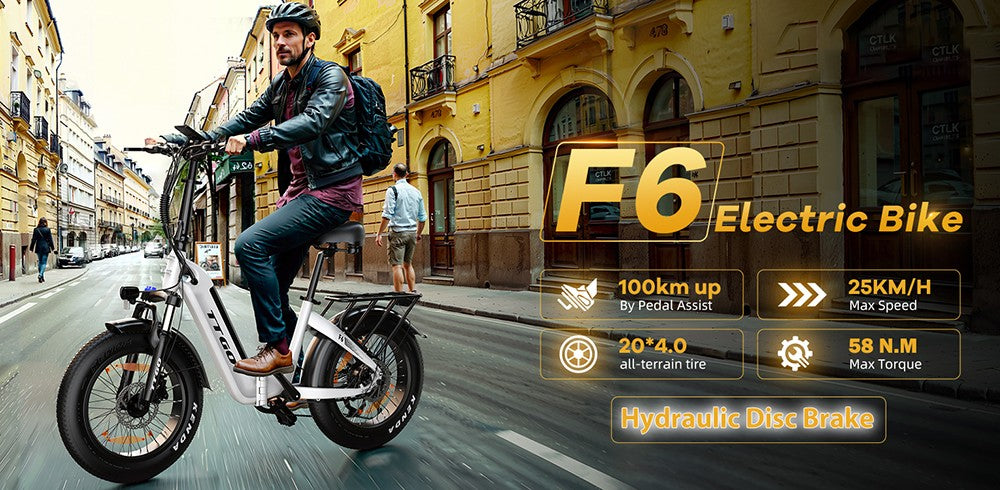 Elektrokol TTGO F6, 250W motor, 36V 25Ah batéria, 20*4 palcové pneumatiky, max. rýchlosť 25 km/h, max. dojazd 100 km, hydraulické kotúčové brzdy, predný tlmič, snímač krútiaceho momentu, 7-stupňová prevodovka Shimano, LCD displej - biela