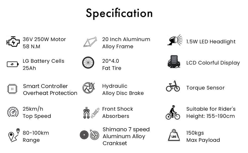 Elektrokol TTGO F6, 250W motor, 36V 25Ah batéria, 20*4 palcové pneumatiky, max. rýchlosť 25 km/h, max. dojazd 100 km, hydraulické kotúčové brzdy, predný tlmič, snímač krútiaceho momentu, 7-stupňová prevodovka Shimano, LCD displej - biela