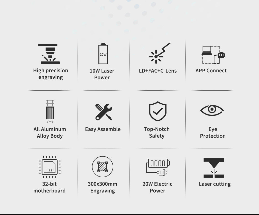 TWO TREES TTS-10 Pro 10W laserový gravírovací a rezací stroj, gravírovacia rýchlosť 30000 mm/min, 300x300 mm, pripojenie cez aplikáciu, diaľkové ovládanie