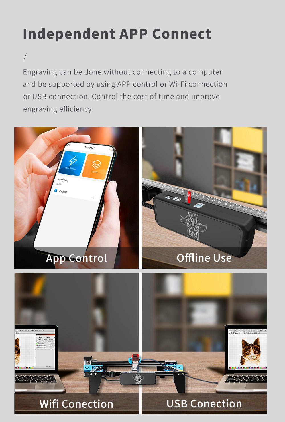 TWO TREES TTS-10 Pro 10W laserový gravírovací a rezací stroj, gravírovacia rýchlosť 30000 mm/min, 300x300 mm, pripojenie cez aplikáciu, diaľkové ovládanie