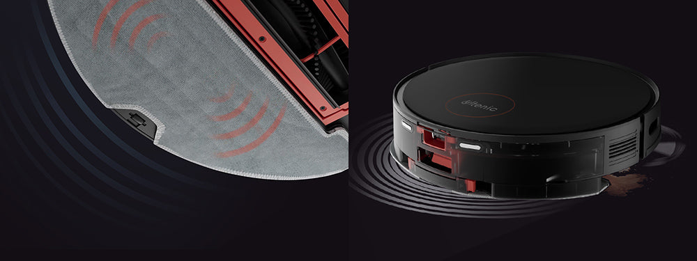 Robotický vysávač Ultenic D6S s gyroskopickou navigáciou, 3v1 funkčnosťou (metanie, vysávanie, utieranie), sacím výkonom 3000 Pa, 4 režimami čistenia, batériou s kapacitou 2600 mAh a výdržou 120 minút.