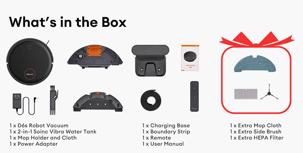 Robotický vysávač Ultenic D6S s gyroskopickou navigáciou, 3v1 funkčnosťou (metanie, vysávanie, utieranie), sacím výkonom 3000 Pa, 4 režimami čistenia, batériou s kapacitou 2600 mAh a výdržou 120 minút.