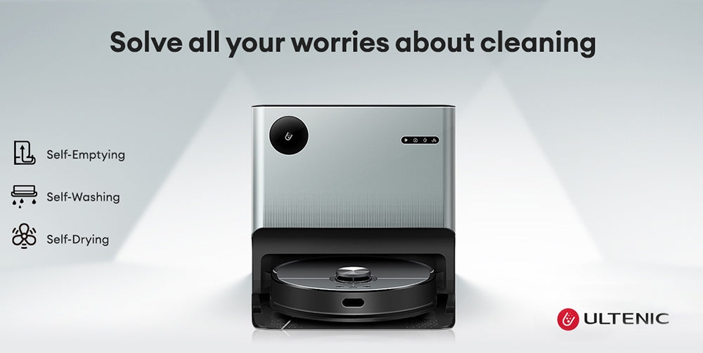 Robotický vysávač Ultenic MC1 s plne automatickou stanicou, sacím tlakom 5000 Pa, dvojitým otáčajúcim sa mopom, sušením teplým vzduchom, 3L vreckom na prach, batériou 5200 mAh, maximálnou dobou prevádzky 180 minút, ovládanie cez aplikáciu/hlasové ovládanie.