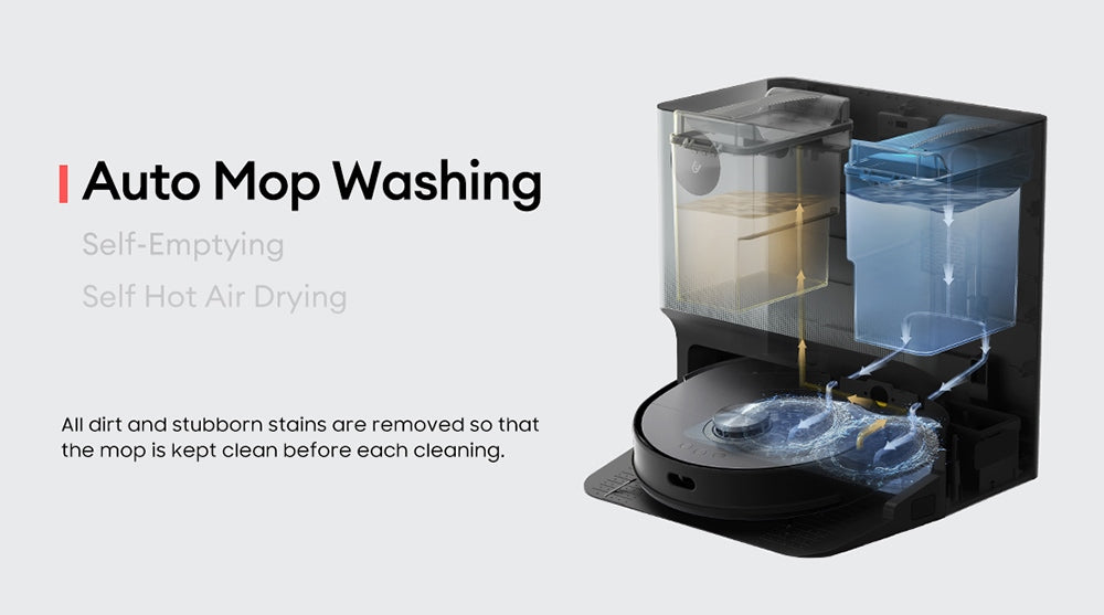 Robotický vysávač Ultenic MC1 s plne automatickou stanicou, sacím tlakom 5000 Pa, dvojitým otáčajúcim sa mopom, sušením teplým vzduchom, 3L vreckom na prach, batériou 5200 mAh, maximálnou dobou prevádzky 180 minút, ovládanie cez aplikáciu/hlasové ovládanie.