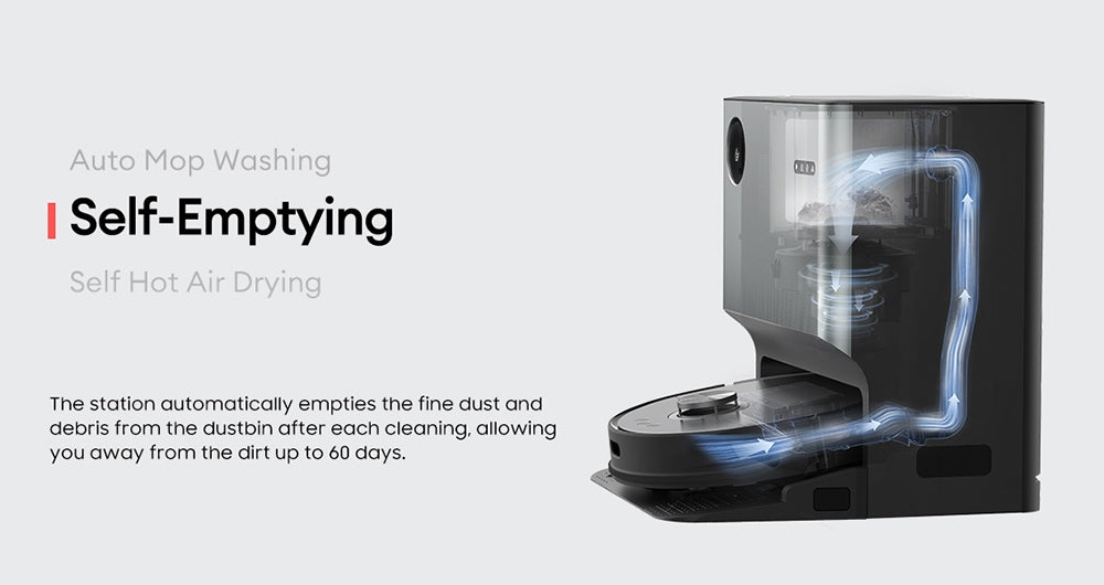 Robotický vysávač Ultenic MC1 s plne automatickou stanicou, sacím tlakom 5000 Pa, dvojitým otáčajúcim sa mopom, sušením teplým vzduchom, 3L vreckom na prach, batériou 5200 mAh, maximálnou dobou prevádzky 180 minút, ovládanie cez aplikáciu/hlasové ovládanie.