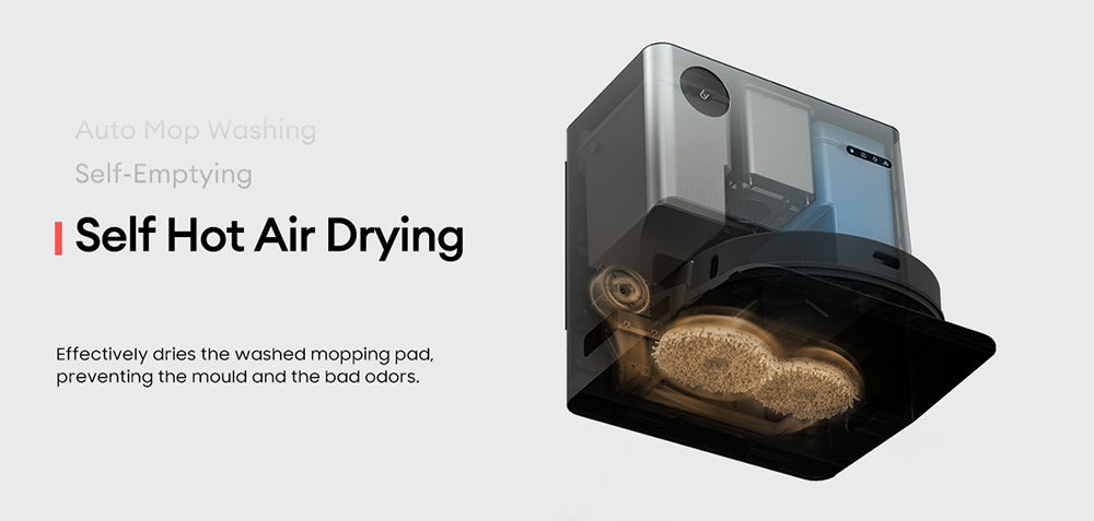 Robotický vysávač Ultenic MC1 s plne automatickou stanicou, sacím tlakom 5000 Pa, dvojitým otáčajúcim sa mopom, sušením teplým vzduchom, 3L vreckom na prach, batériou 5200 mAh, maximálnou dobou prevádzky 180 minút, ovládanie cez aplikáciu/hlasové ovládanie.