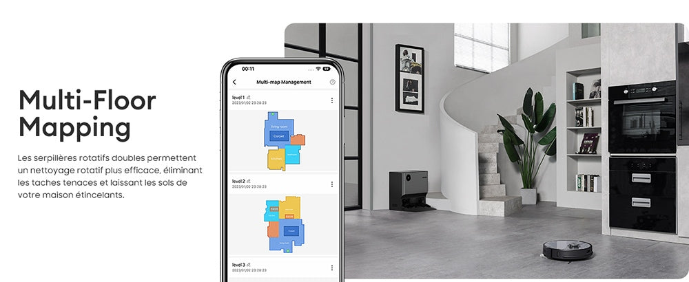Robotický vysávač Ultenic MC1 s plne automatickou stanicou, sacím tlakom 5000 Pa, dvojitým otáčajúcim sa mopom, sušením teplým vzduchom, 3L vreckom na prach, batériou 5200 mAh, maximálnou dobou prevádzky 180 minút, ovládanie cez aplikáciu/hlasové ovládanie.