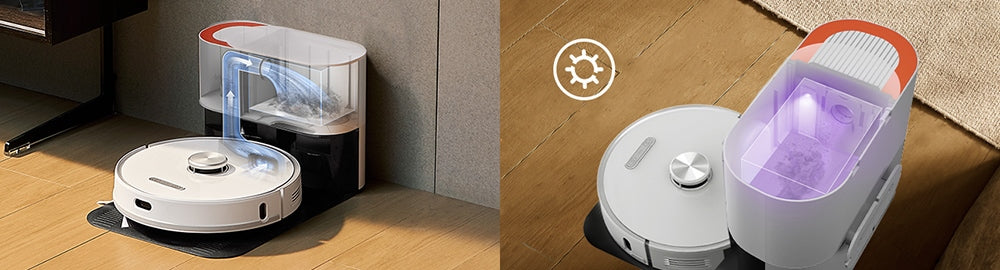 Robotický vysávač Ultenic T10 Pro s automatickou vyprázdňovacou stanicou, sacím tlakom 4000 Pa, dvojitým rotačným mopom, 3,3l nádobkou na prach, LiDAR navigáciou, režimom pre čistenie kobercov, batériou s kapacitou 5200 mAh, maximálnou dobou prevádzky 200 minút, ovládanie cez aplikáciu/hlasové ovládanie.