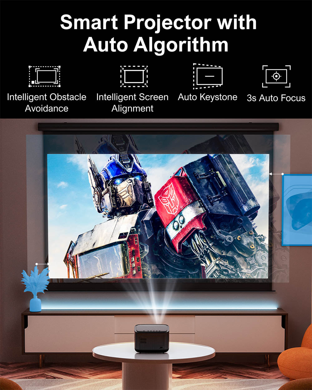 Projektor Ultimea Apollo P50, 800 ANSI lumenov, natívne 1080P, Dolby Audio, automatická adaptácia obrazovky a vyhýbanie sa objektom, WiFi 6, Bluetooth 5.3