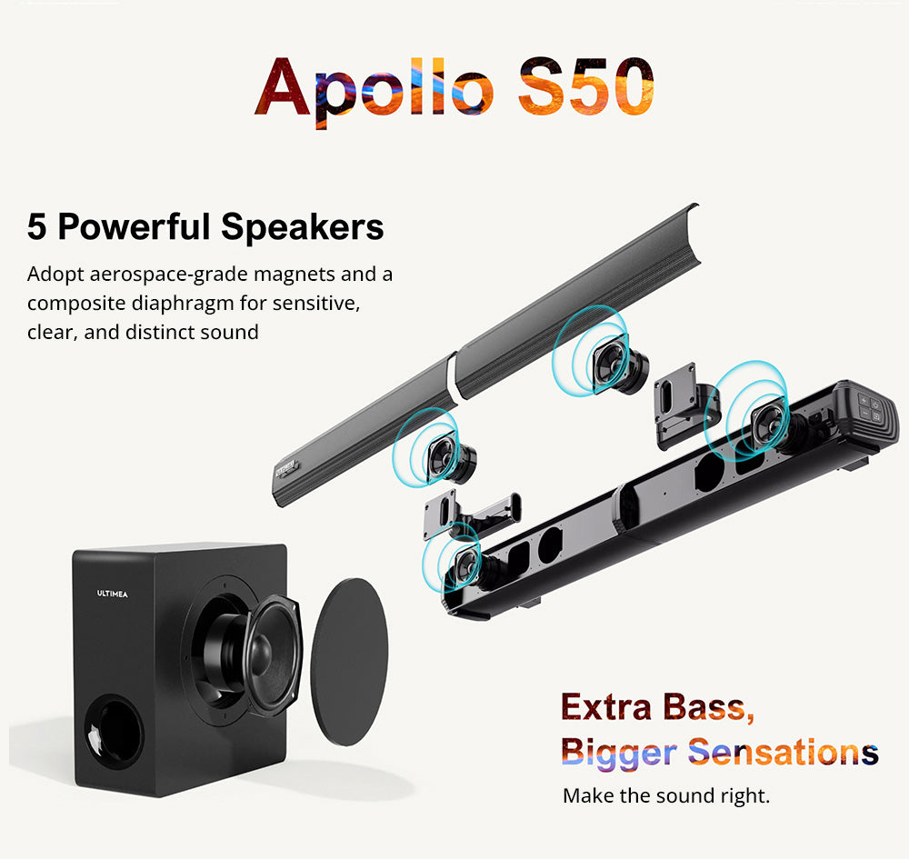 Odnímateľná soundbar Ultimea Apollo S50 s subwooferom, Bluetooth 5.3, nastaviteľnou úrovňou basov a 3 režimami ekvalizácie.