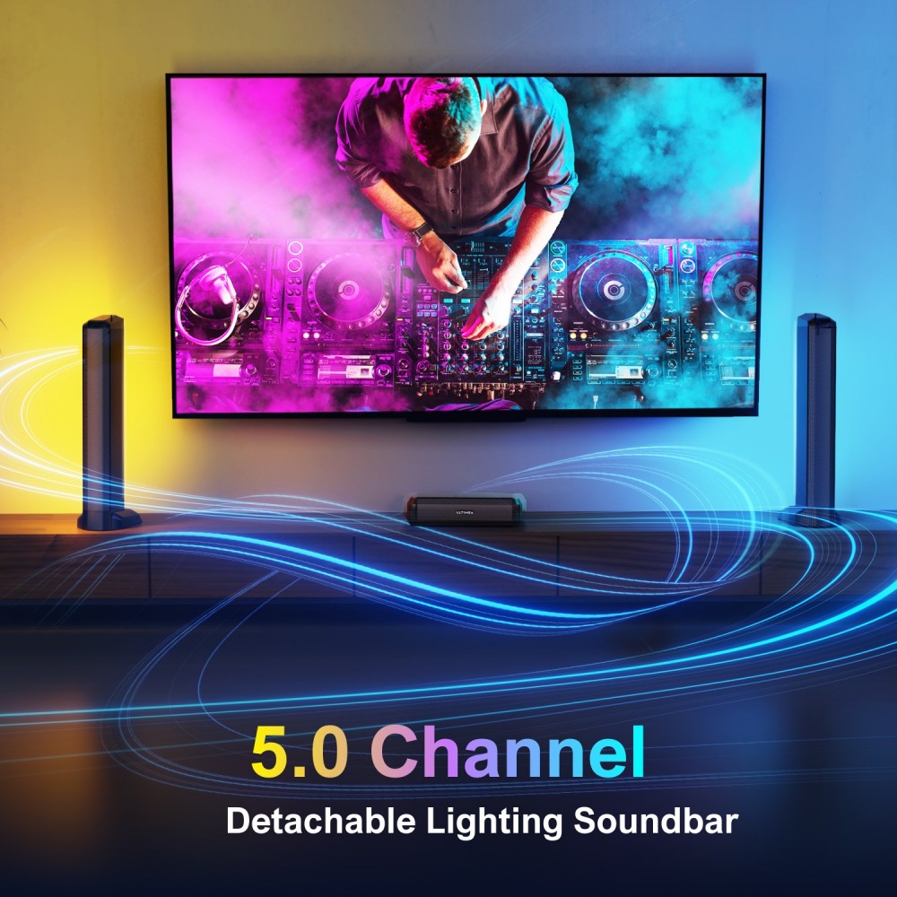 Zvuková lišta Apollo S70 Lighting Soundbar s 5.0 kanálmi, odnímateľným dizajnom, ovládáním cez aplikáciu, dynamickým RGB osvetlením a 121 predvolenými ekvalizačnými maticami.