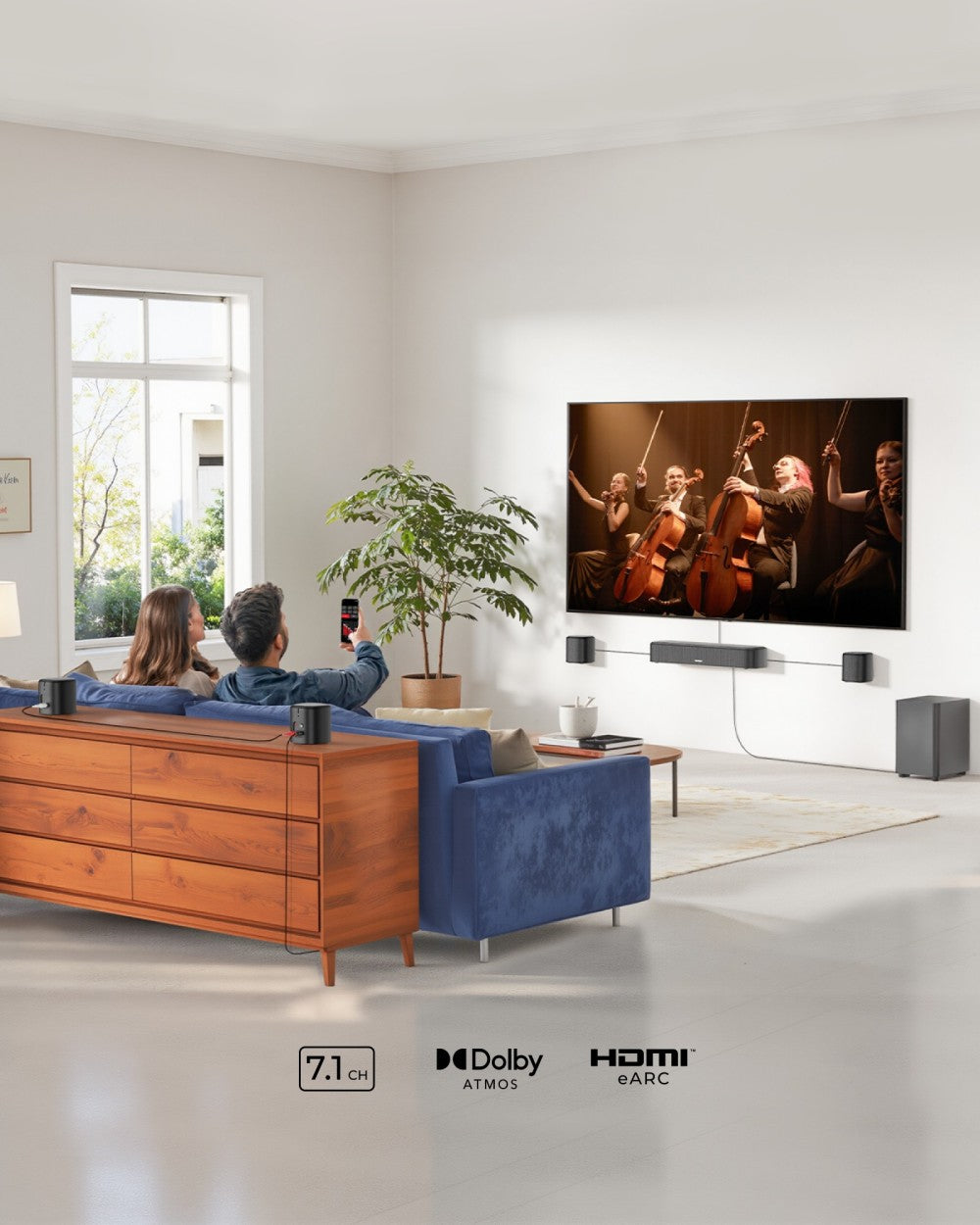 ULTIMEA Aura A60 7.1 Soundbar, inteligentná aplikácia a hlasové ovládanie, technológia BassMX, špičkový výkon 350 W, HDMI eARC, 4 reproduktory s priestorovým zvukom, pre Smart TV