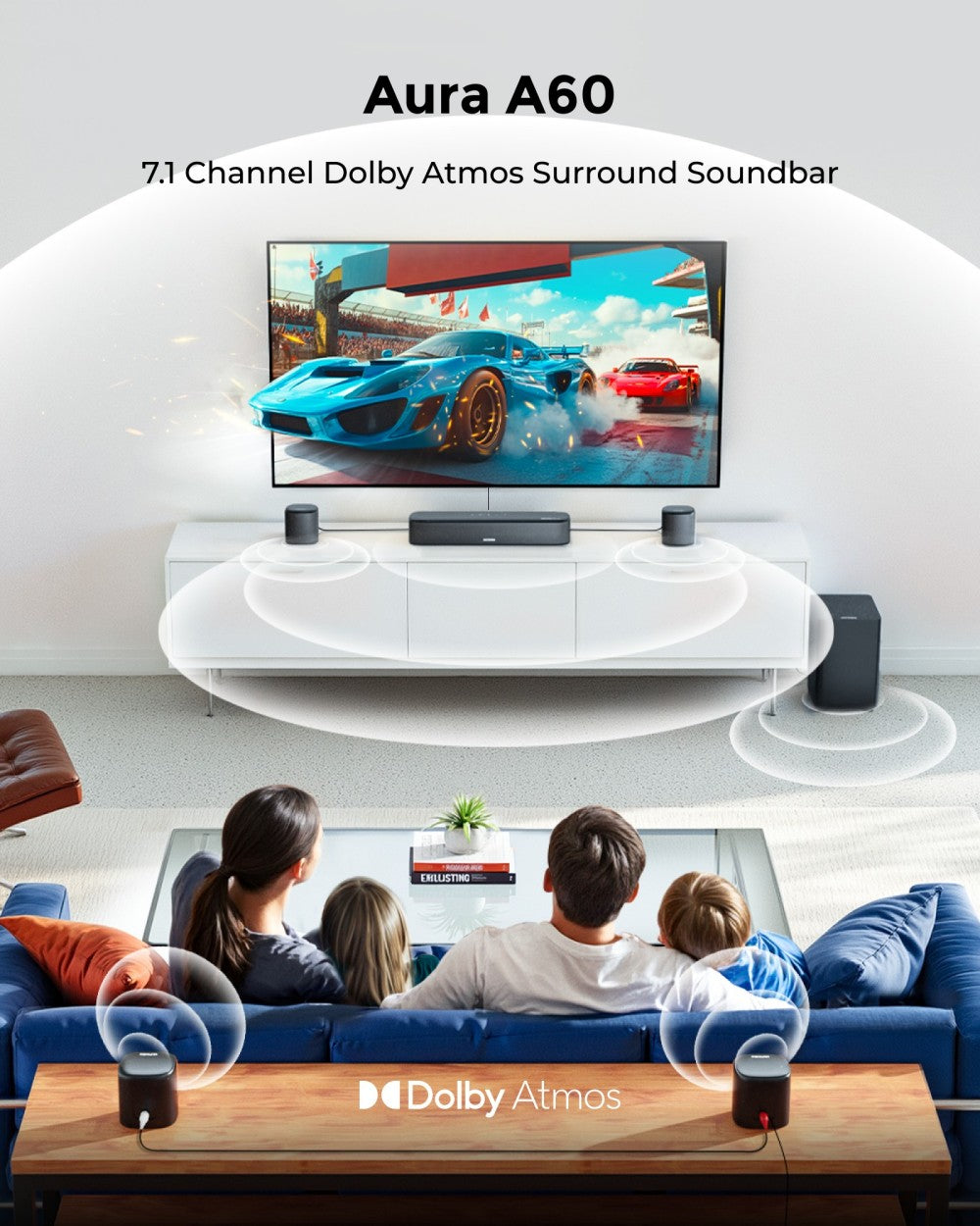 ULTIMEA Aura A60 7.1 Soundbar, inteligentná aplikácia a hlasové ovládanie, technológia BassMX, špičkový výkon 350 W, HDMI eARC, 4 reproduktory s priestorovým zvukom, pre Smart TV