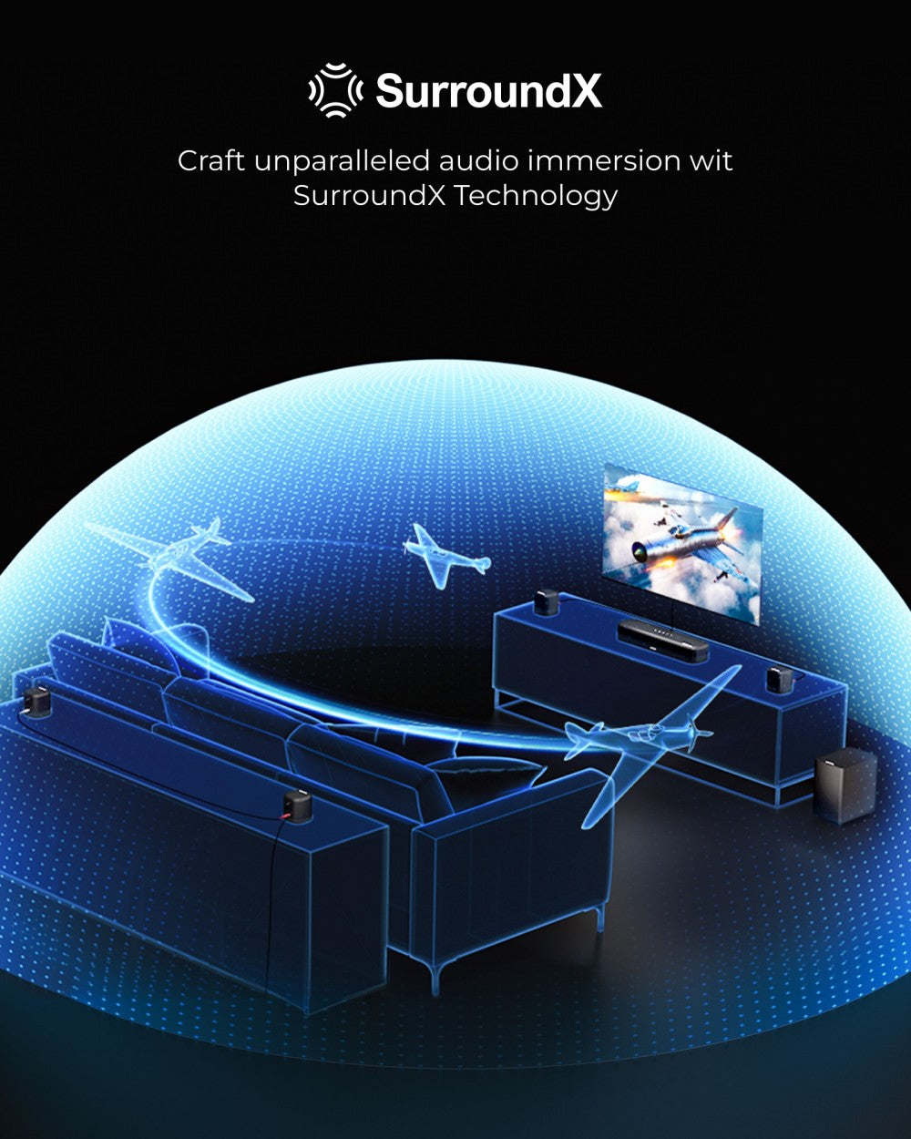 ULTIMEA Aura A60 7.1 Soundbar, inteligentná aplikácia a hlasové ovládanie, technológia BassMX, špičkový výkon 350 W, HDMI eARC, 4 reproduktory s priestorovým zvukom, pre Smart TV