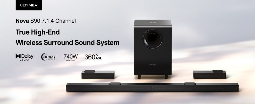 Súprava reproduktorov s 7.1.4 kanálovým soundbarom a subwooferom Ultimea Nova S90, Dolby Atmos, špičkový výkon 740 W, priechod signálu 4K HDR, 6 režimov ekvalizéra