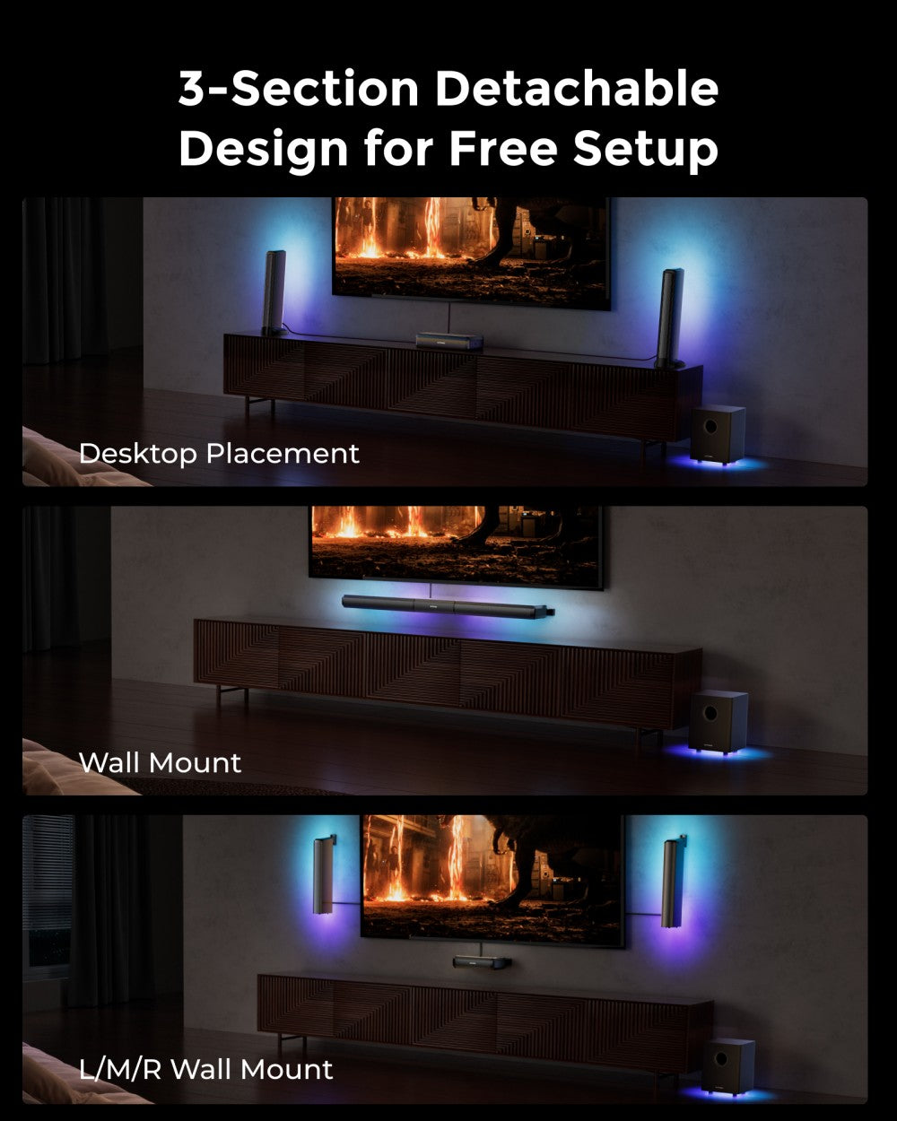 Zvuková lišta ULTIMEA Apollo S80 5.1, ovládanie cez inteligentnú aplikáciu, dynamické svetelné efekty, nastavenie RGB osvetlenia a jasu, 121 predvolených ekvalizačných matíc, odnímateľný dizajn.