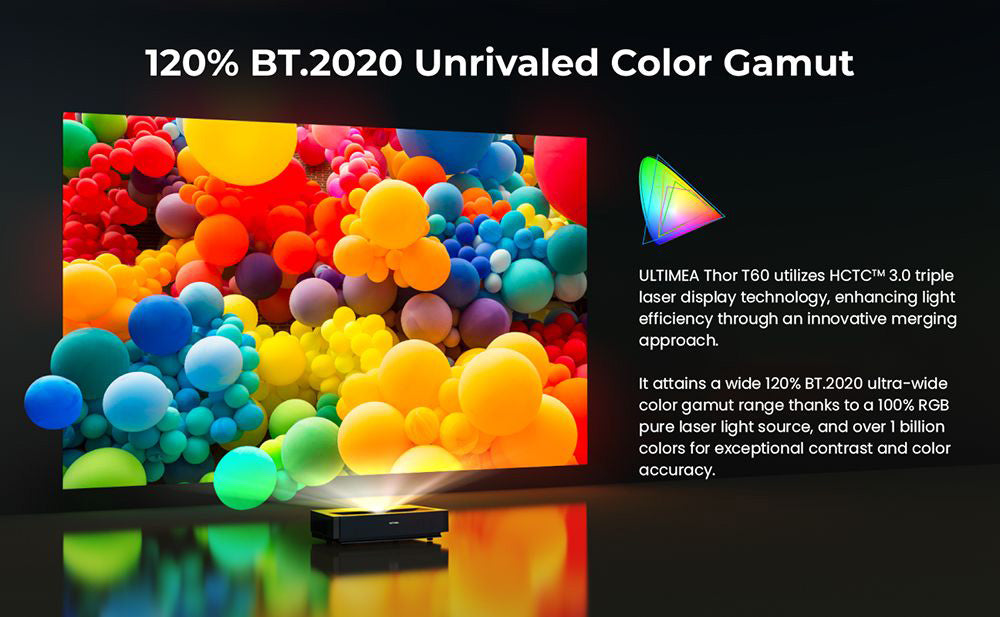 Laserový projektor Ultimea Thor T60, 4000 ANSI lumenov, Dolby Atmos & Dolby Vision, natívne rozlíšenie 4K, HDR 10, kontrast 4000:1, 8-bodová kalibrácia, Android TV 11 - EU zástrčka