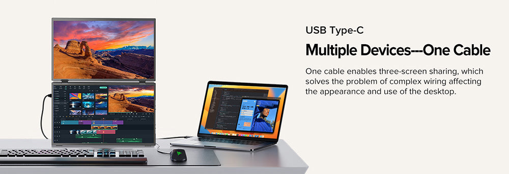 UPERFECT Delta 15,6-palcový dvojitý skladací monitor, 1920*1080 FHD IPS displej, obnovovacia frekvencia 60 Hz, kontrastný pomer 1000:1, 360° skladanie, vstavaný reproduktor, vstavaný stojan a možnosť upevnenia na VESA, 2* plne funkčné rozhranie Type-C, 2* mini HDMI - EU zástrčka