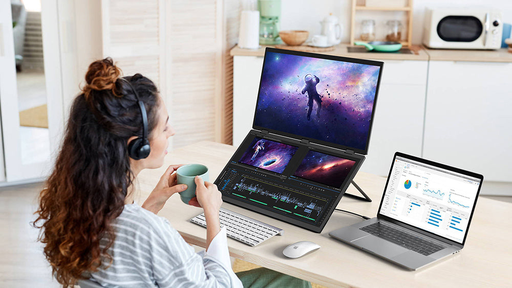 UPERFECT Delta Max 18,5-palcový dvojitý prenosný monitor, 1920*1080 IPS displej, obnovovacia frekvencia 100 Hz, 100 % sRGB, vstavaný reproduktor, bez ovládačov, 360° skladací, nastaviteľný stojan a možnosť upevnenia na VESA, rozšírenie obrazovky pre notebook, PC, telefón, hernú konzolu - EU zástrčka