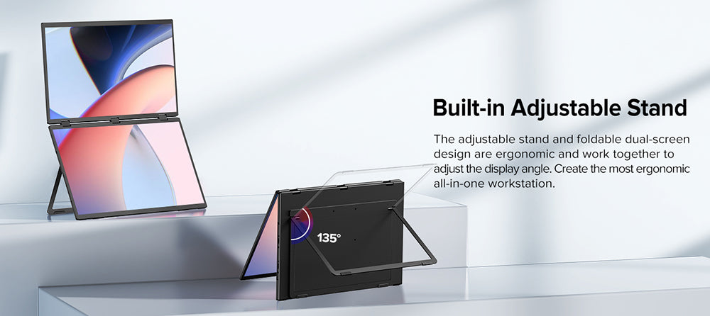 UPERFECT Delta Max 18,5-palcový dvojitý prenosný monitor, 1920*1080 IPS displej, obnovovacia frekvencia 100 Hz, 100 % sRGB, vstavaný reproduktor, bez ovládačov, 360° skladací, nastaviteľný stojan a možnosť upevnenia na VESA, rozšírenie obrazovky pre notebook, PC, telefón, hernú konzolu - EU zástrčka