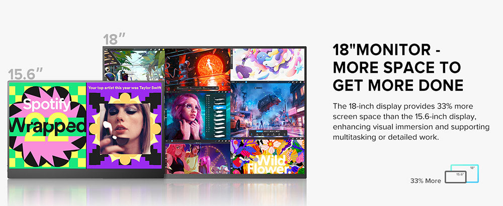 Prenosný herný monitor UPERFECT K118 18'', obnovovacia frekvencia 144 Hz, 2560x1600 QHD IPS displej, kontrastný pomer 1000:1, FreeSync, HDR, 100% DCI-P3, vstavaný reproduktor, doba odezvy 9 ms, nízke modré svetlo, VESA úchyt, 1x Mini HDMI, 1x Type-C, 1x audio jack - EU zástrčka