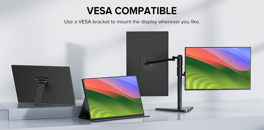 Prenosný herný monitor UPERFECT K118 18'', obnovovacia frekvencia 144 Hz, 2560x1600 QHD IPS displej, kontrastný pomer 1000:1, FreeSync, HDR, 100% DCI-P3, vstavaný reproduktor, doba odezvy 9 ms, nízke modré svetlo, VESA úchyt, 1x Mini HDMI, 1x Type-C, 1x audio jack - EU zástrčka