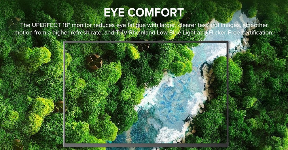 Prenosný herný monitor UPERFECT K118 18'', obnovovacia frekvencia 144 Hz, 2560x1600 QHD IPS displej, kontrastný pomer 1000:1, FreeSync, HDR, 100% DCI-P3, vstavaný reproduktor, doba odezvy 9 ms, nízke modré svetlo, VESA úchyt, 1x Mini HDMI, 1x Type-C, 1x audio jack - EU zástrčka