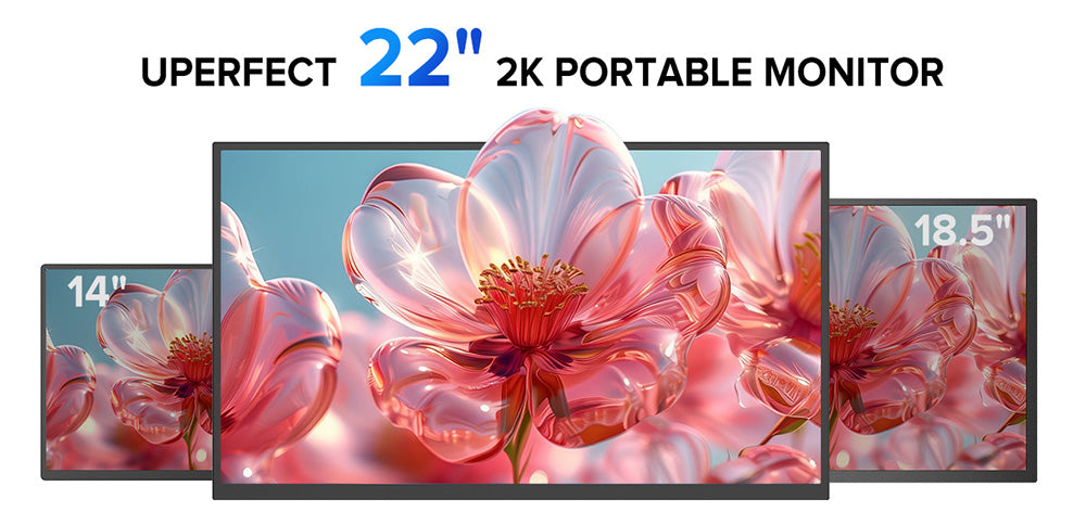 Prenosný monitor UPERFECT UMax22 s 22-palcovou IPS obrazovkou, obnovovacou frekvenciou 60 Hz, rozlíšením 2560*1440, 100% sRGB, FreeSync, vstavanými reproduktormi, bez nutnosti ovládačov, HDR, nízkým modrým svetlom, nastaviteľným stojanom s uhlom otáčania 180°, 2x USB-C, 1x Mini HDMI, 1x Micro USB-B OTG, 1x audio jack - EU zástrčka