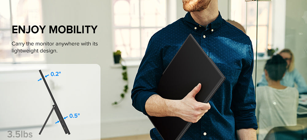 Prenosný monitor UPERFECT UMax22 s 22-palcovou IPS obrazovkou, obnovovacou frekvenciou 60 Hz, rozlíšením 2560*1440, 100% sRGB, FreeSync, vstavanými reproduktormi, bez nutnosti ovládačov, HDR, nízkým modrým svetlom, nastaviteľným stojanom s uhlom otáčania 180°, 2x USB-C, 1x Mini HDMI, 1x Micro USB-B OTG, 1x audio jack - EU zástrčka