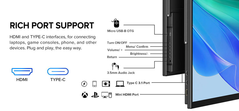 Prenosný monitor UPERFECT UMax22 s 22-palcovou IPS obrazovkou, obnovovacou frekvenciou 60 Hz, rozlíšením 2560*1440, 100% sRGB, FreeSync, vstavanými reproduktormi, bez nutnosti ovládačov, HDR, nízkým modrým svetlom, nastaviteľným stojanom s uhlom otáčania 180°, 2x USB-C, 1x Mini HDMI, 1x Micro USB-B OTG, 1x audio jack - EU zástrčka