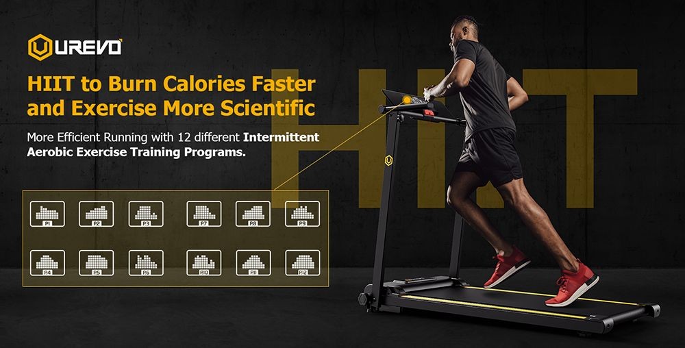 UREVO URTM006 Foldi mini behací pás, maximálna rýchlosť 1-10 km/h, behacia plocha 105*40 cm, maximálne zaťaženie 100 kg, 12 prednastavených HIIT programov