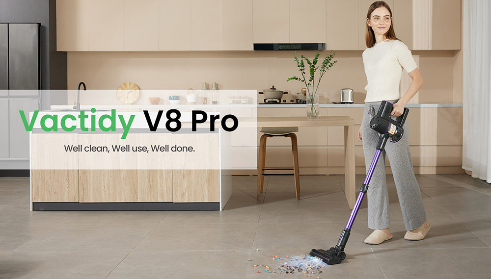 Bezšnúrový vysávač Vactidy V8 Pro, silný sací výkon 25 kPa, cyklónový filtračný systém, 500 ml nádoba na prach, LED dotykový displej, otočná kefová hlava s rozsahom otáčania 180°, doba prevádzky 35 minút, samostatne stojaci dizajn.