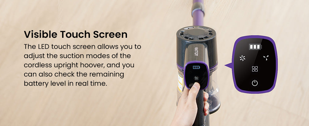 Bezšnúrový vysávač Vactidy V8 Pro, silný sací výkon 25 kPa, cyklónový filtračný systém, 500ml nádoba na prach, LED dotykový displej, otočná kefová hlava s rozsahom 180°, 35minútová doba prevádzky, samostatne stojaci dizajn.